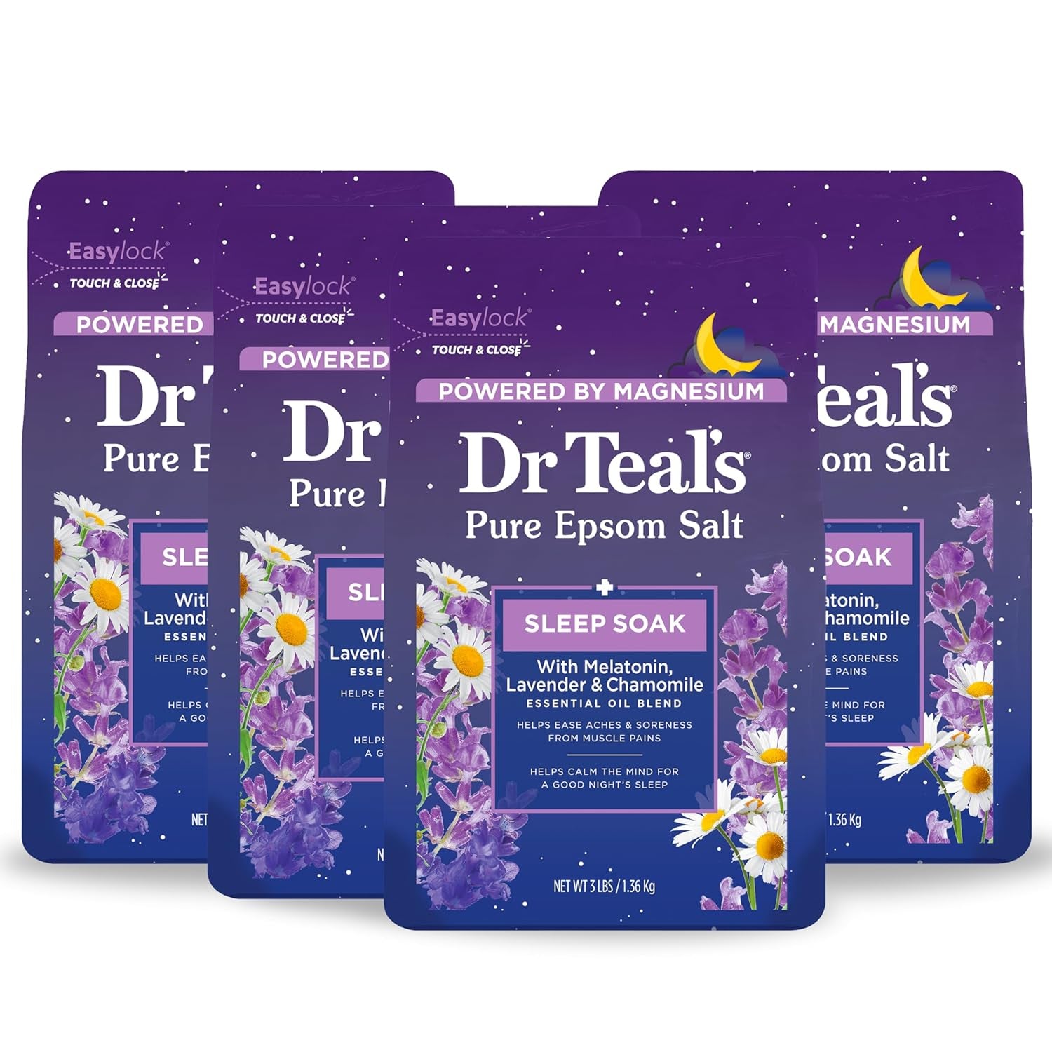 Pure Epsom Magnesium Salt Soak, Sleep Blend with Melatonin, Lavender & Essential Oils, 3 Lb (Pack of 4)