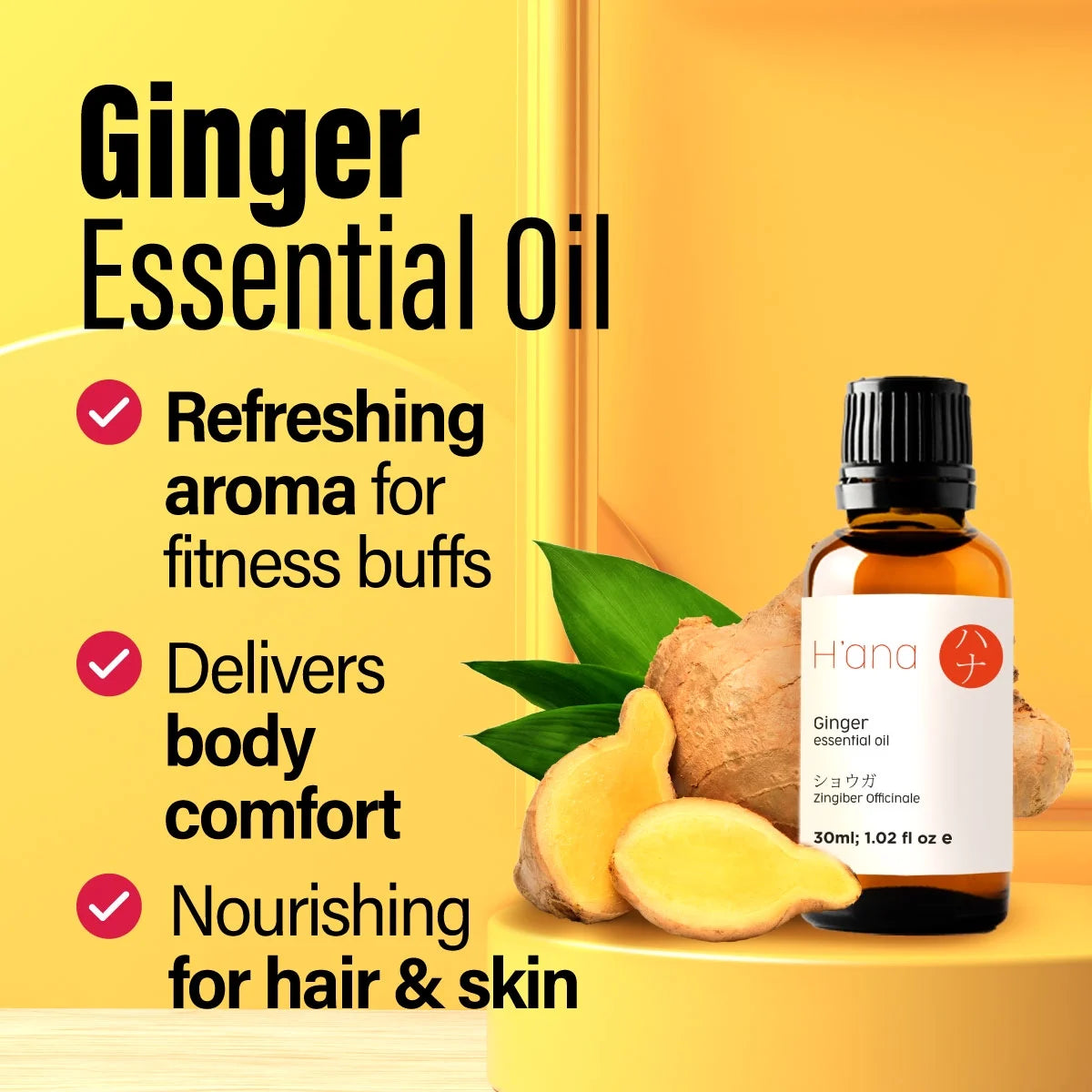 H'Ana Ginger Essential Oil for Hair, Skin, Diffusers, Aromatherapy, and Massage - with a Spicy, Gingery Smell (1 Fl Oz)