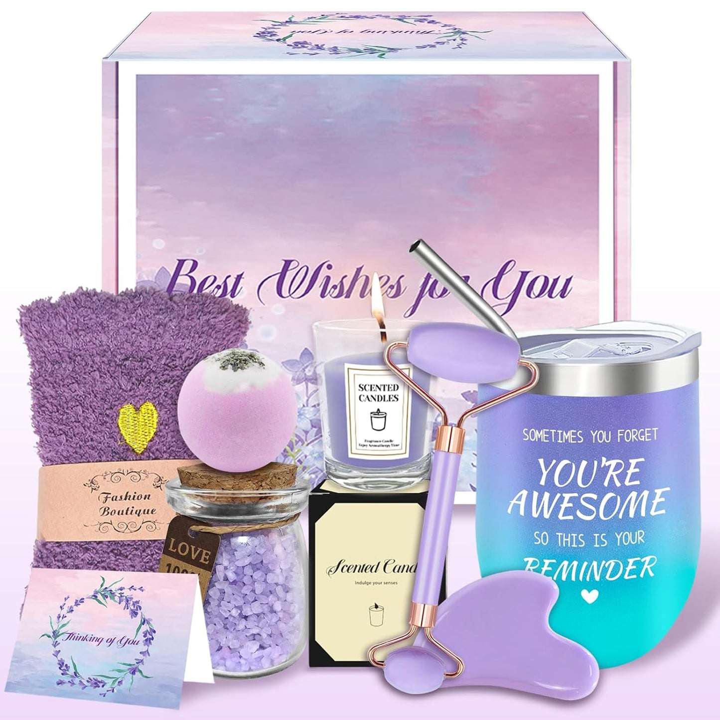 Gifts for Women, Spa Self Care Get Well Soon Gifts with Gua Sha Facial Tools, Thank You Gift for Wife, Coworkers, Friends, Gift Basket for Birthday Anniversary (Purple Pink)