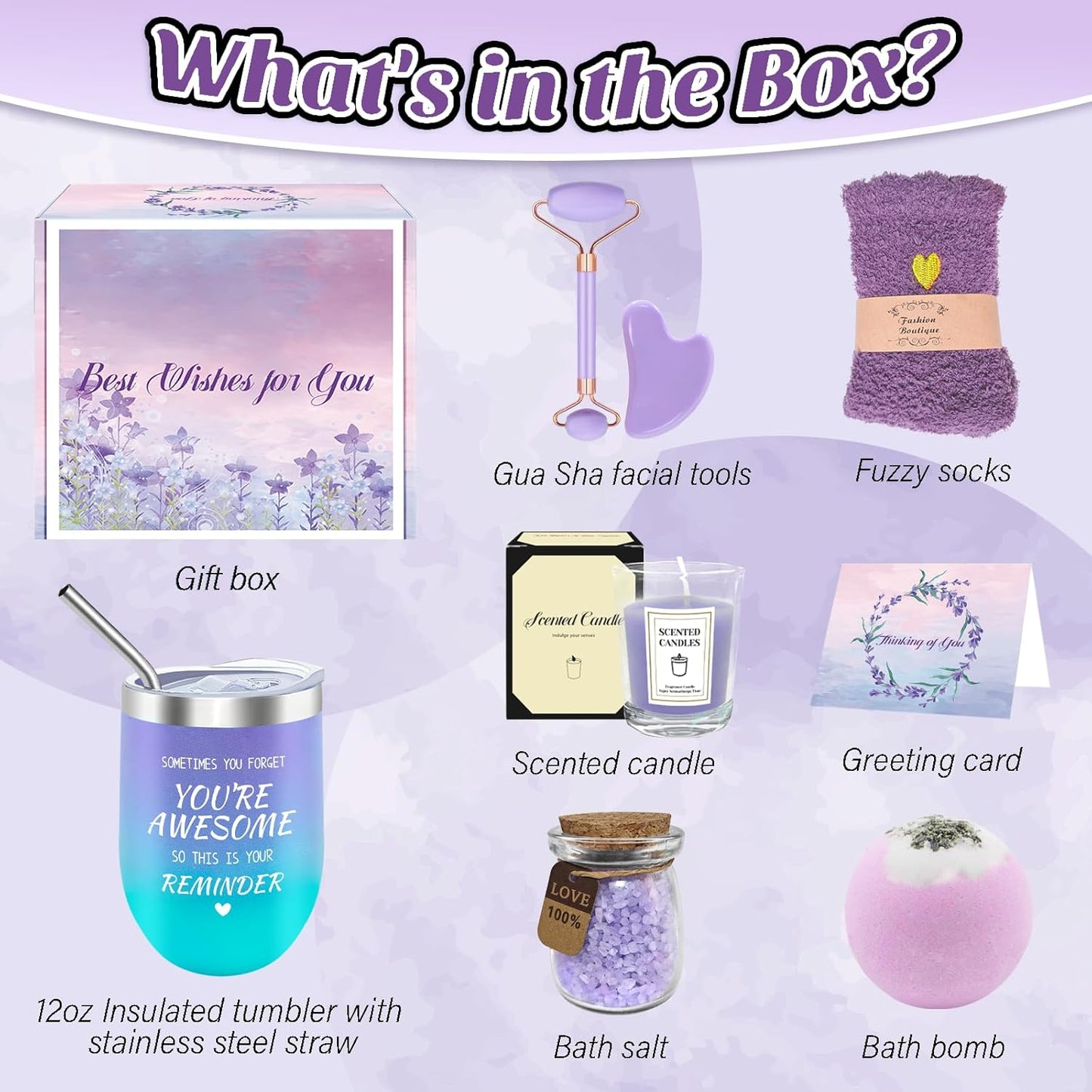 Gifts for Women, Spa Self Care Get Well Soon Gifts with Gua Sha Facial Tools, Thank You Gift for Wife, Coworkers, Friends, Gift Basket for Birthday Anniversary (Purple Pink)